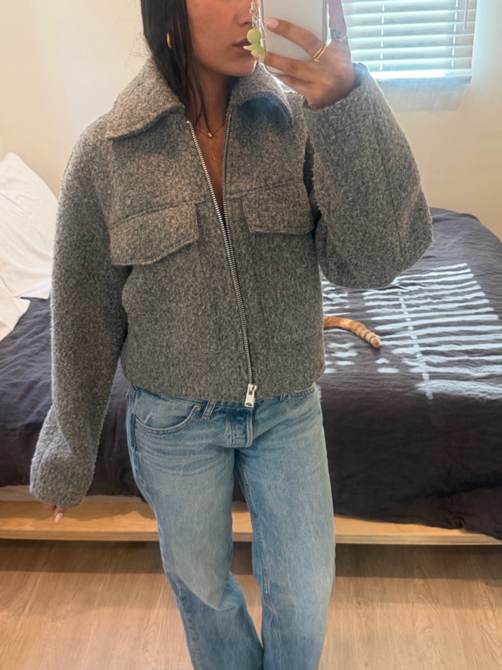 Zara Gray Bouclé Zip-Front Bomber Jacket